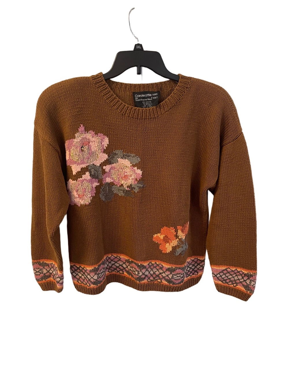 Carole Little for Saint Tropez West Brown Floral Crewneck Sweater Hand Knit - L